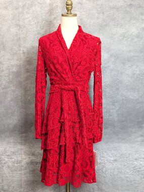 nanette lepore red lace dress Nanette Lepore Womens Bright Red Lace Trim Textured Shift Dress Size 12